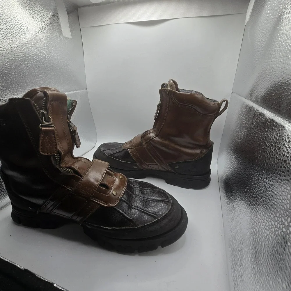 Polo Ralph Lauren Boots Mens Size 10 Brown Leather Snow Ankle Zip Strap Winter